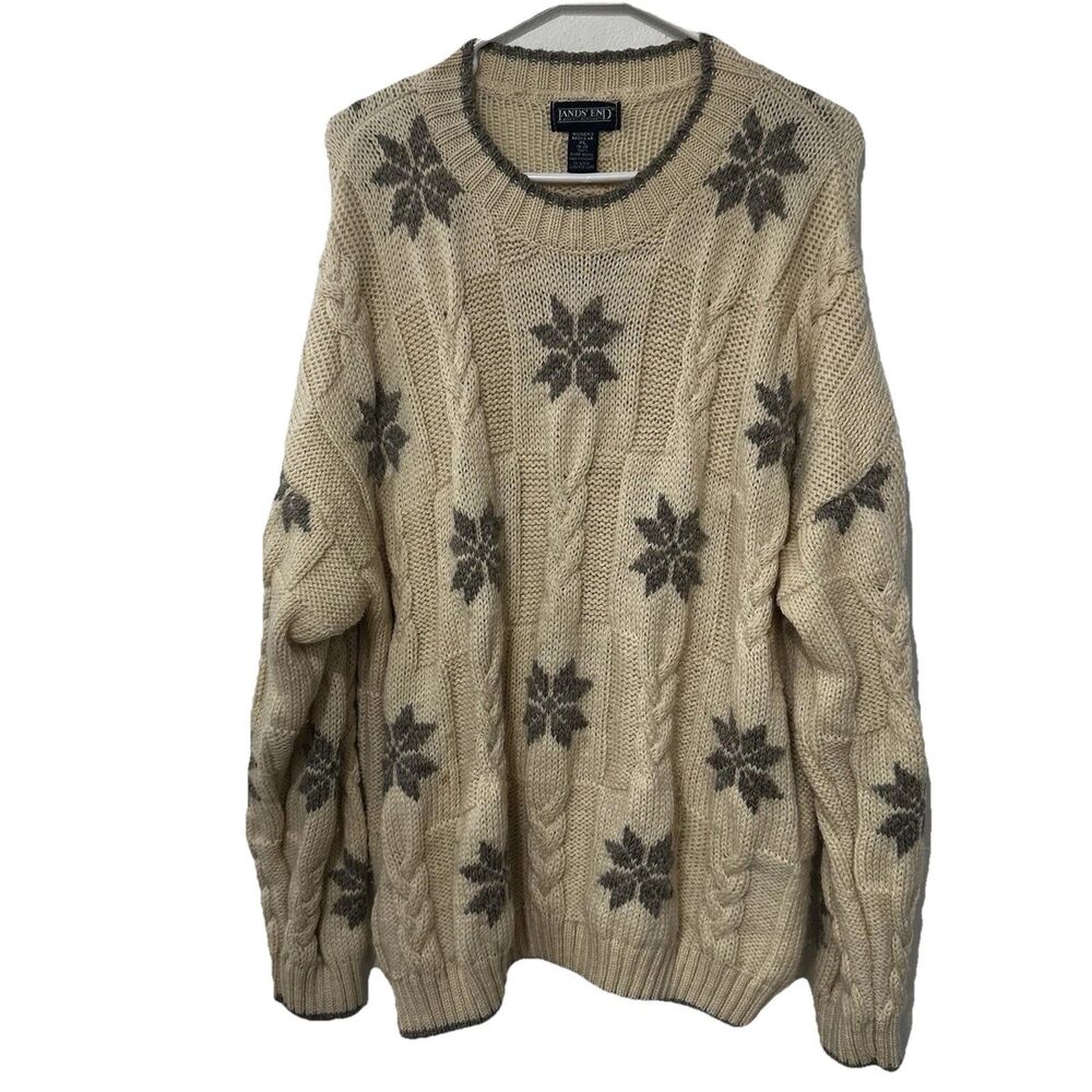 Lands' End Women's Vintage Ivory Gray Wool Snowflake Sweater Crew Neck XL